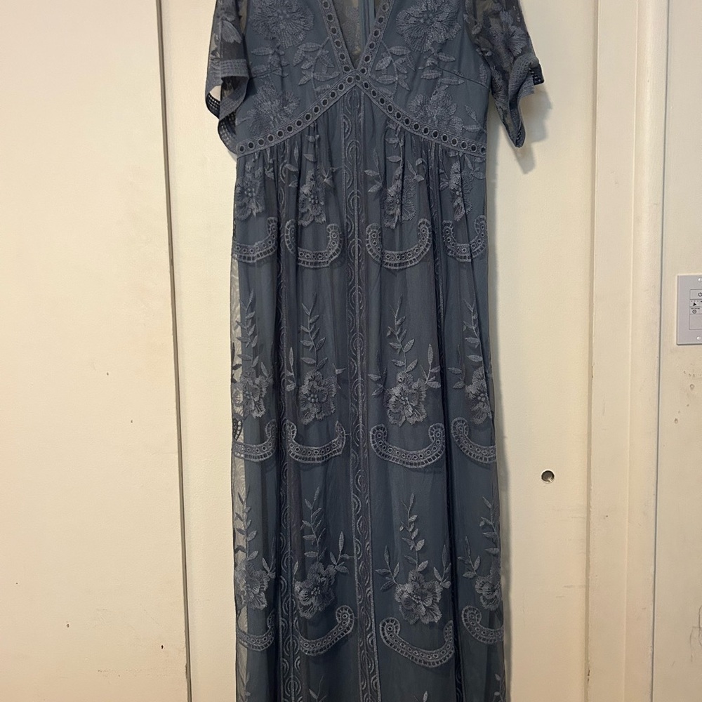 Pinkblush Maternity blue lace mesh overlay dress
